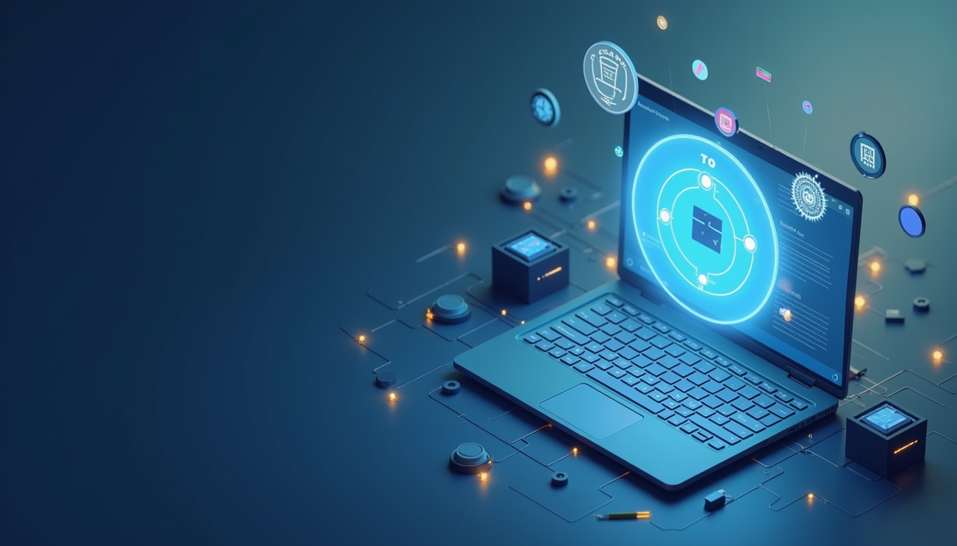 O imagine stilizată a unui computer deschis la un curs administrator bloc online, cu iconițe reprezentând documente, chei