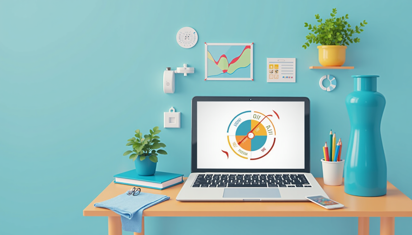 O persoană studiază un curs de igienă online pe laptop într-un mediu curat